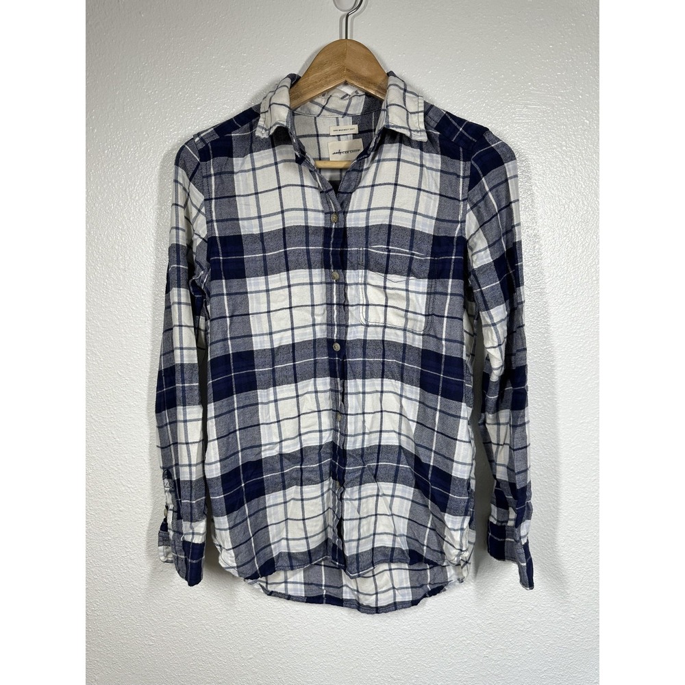 American Eagle Shirt Womens XS Blue White Plaid Boyfriend Fit Button Long Sleeve